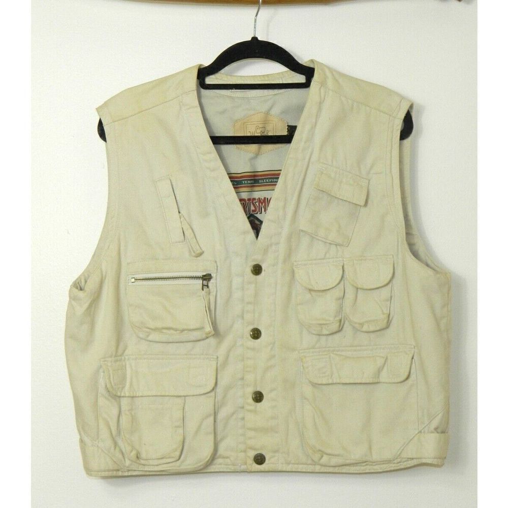 Woolrich Sportsmans Vest Beige Vintage Fishing Hunting Camera Pockets Large‎